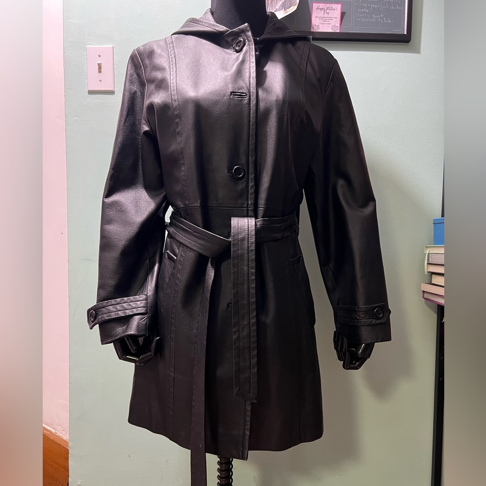 BAGATELLE Vintage Black Leather Hooded Trench Coat sz M - Picture 2 of 16